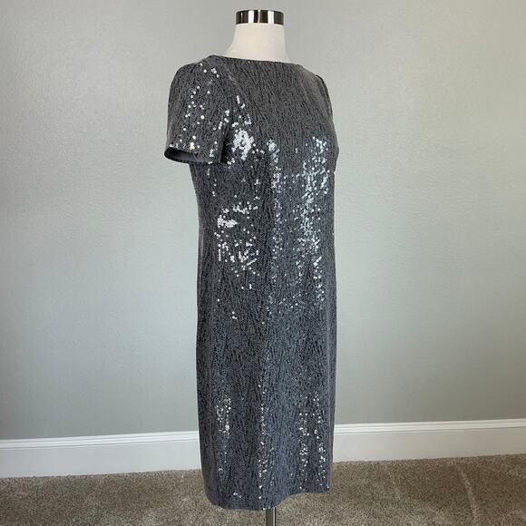 Ralph Lauren Sequined Short Sleeve Boat Neck Sheath Cocktail Dress Gray Size 4 - Picture 2 of 13